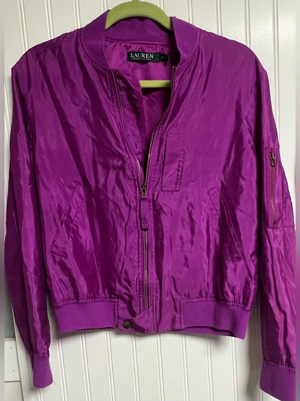 Lauren Ralph Lauren Jacket Silk Bomber Size 6 Purple Pink Long Sleeve Full Zip